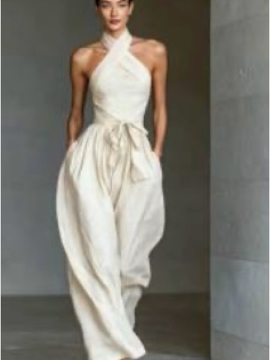 Pants - Women's Cream Halter Jumpsuit with Tie Waist